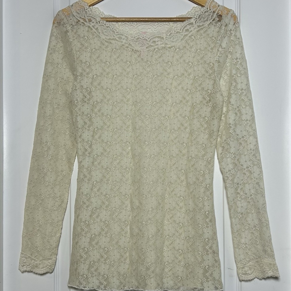 rue21 Y2K 2000s Ivory Sheer Stretch Floral Lace Scalloped Trim Long Sleeve Top